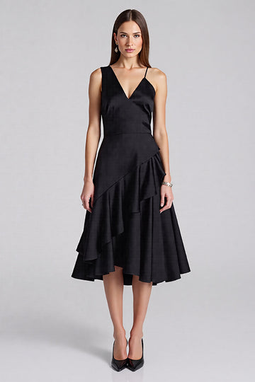 A Line V Neck Ruffled Black Midi Formal Dress